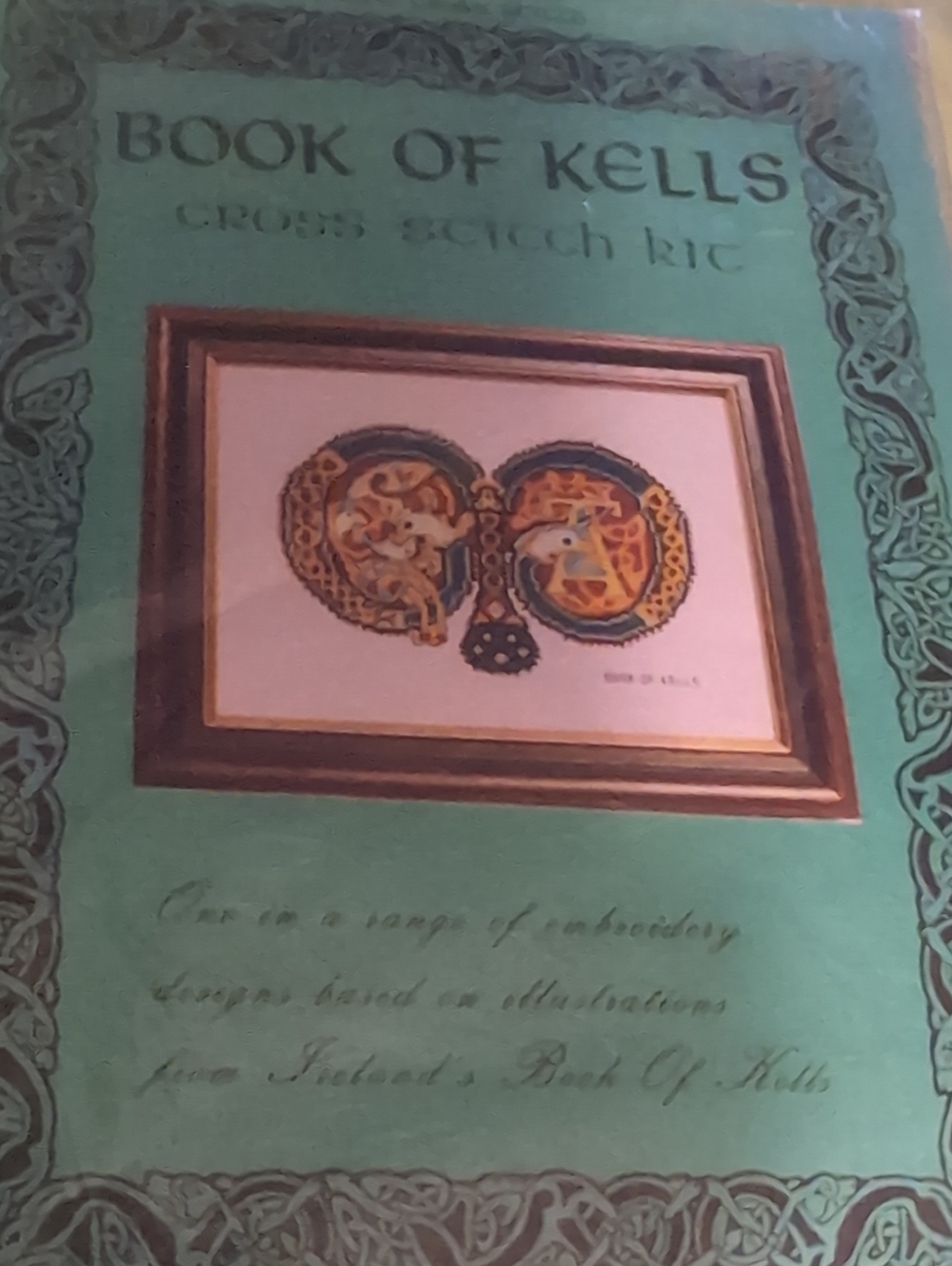 Unique Vintage Teal Framed Book of Kells Cross Stitch Kit